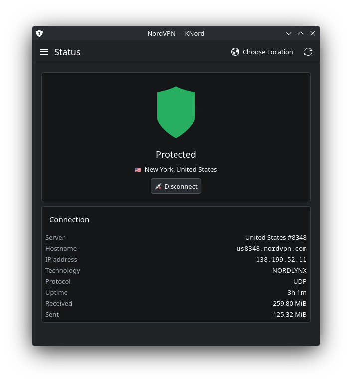 KNord showing a connected NordVPN status, with the server, protocol, uptime, and transfer counters