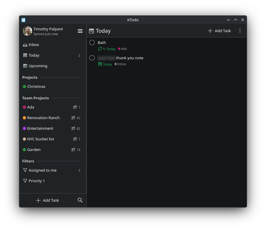 KTodo's Today view, with KDE-style navigation, projects, filters, and a short task list