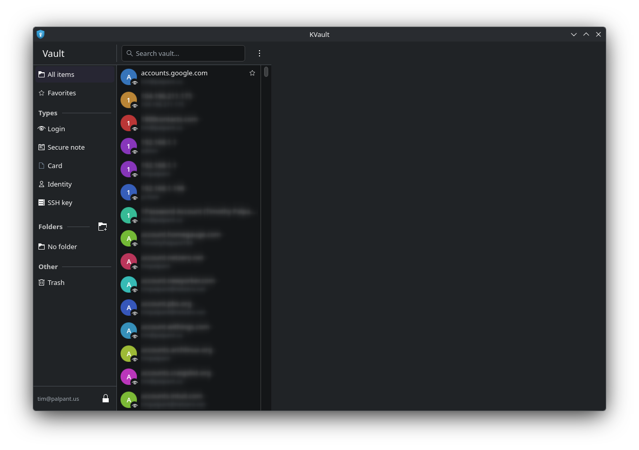 KVault's vault browser, using the Plasma theme for folders, item types, search, and navigation