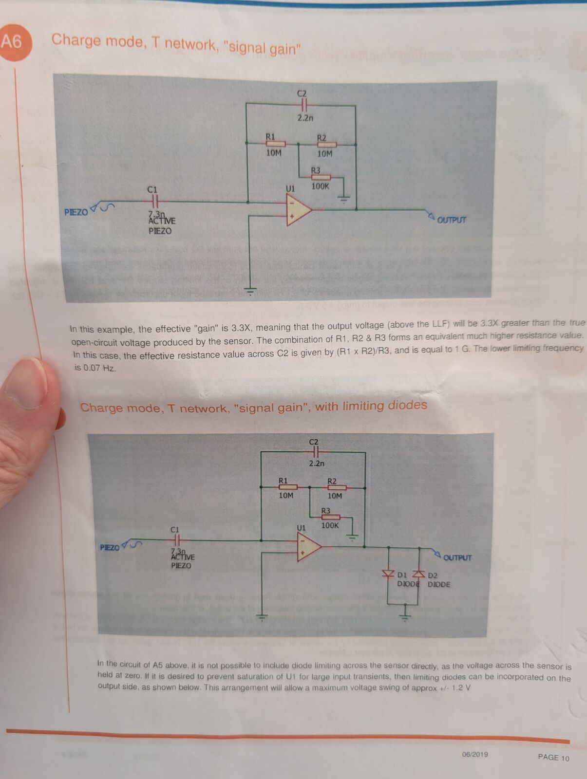 Piezo charge-mode amplifier with T-network, with and without limiting diodes, from the vendor app note