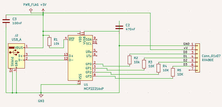 V2 schematic: MCP2221A USB bridge wired to RX480E receiver