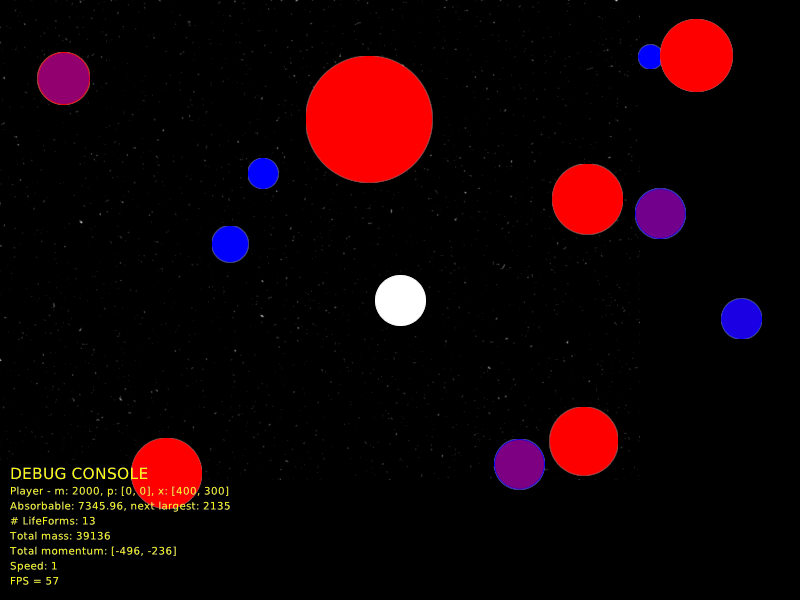 GosuOsmos running: the white player blob surrounded by blue, purple, and red life forms on a starfield, with the debug console in the corner