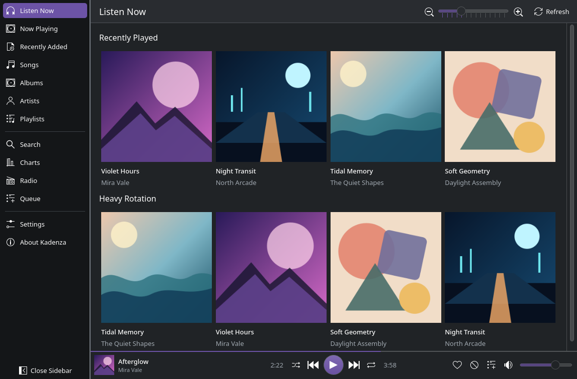 Kadenza Listen Now view with Recently Played and Heavy Rotation grids