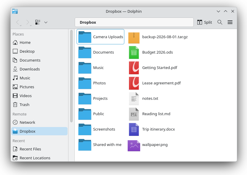 Dolphin browsing a Dropbox account, with Dropbox listed under Remote in the sidebar