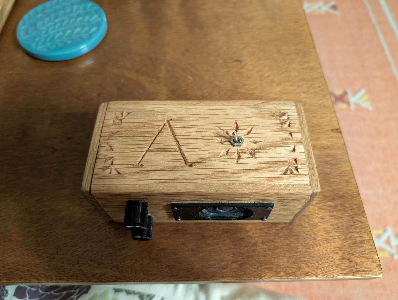 Finished box, top showing the chip-carved "A"