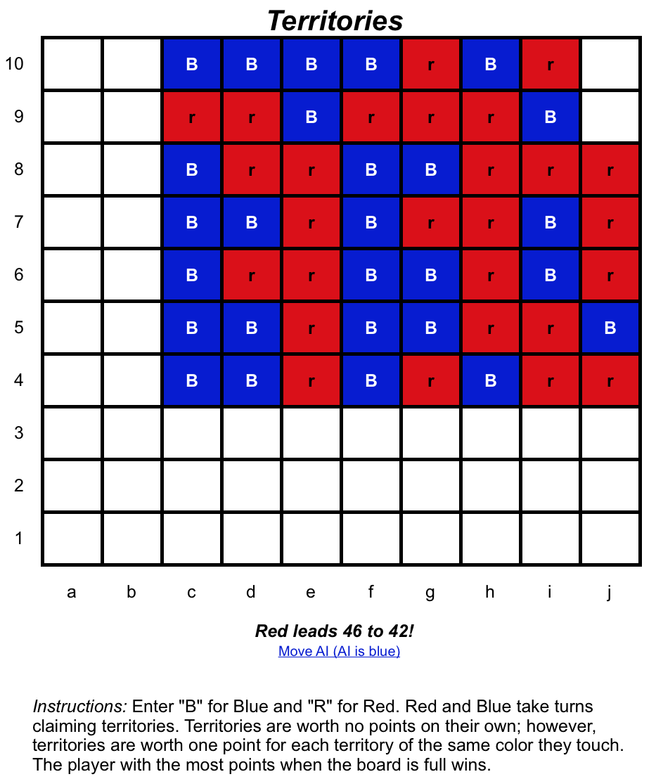 The original Excel edition of Territories, with its rules below the board