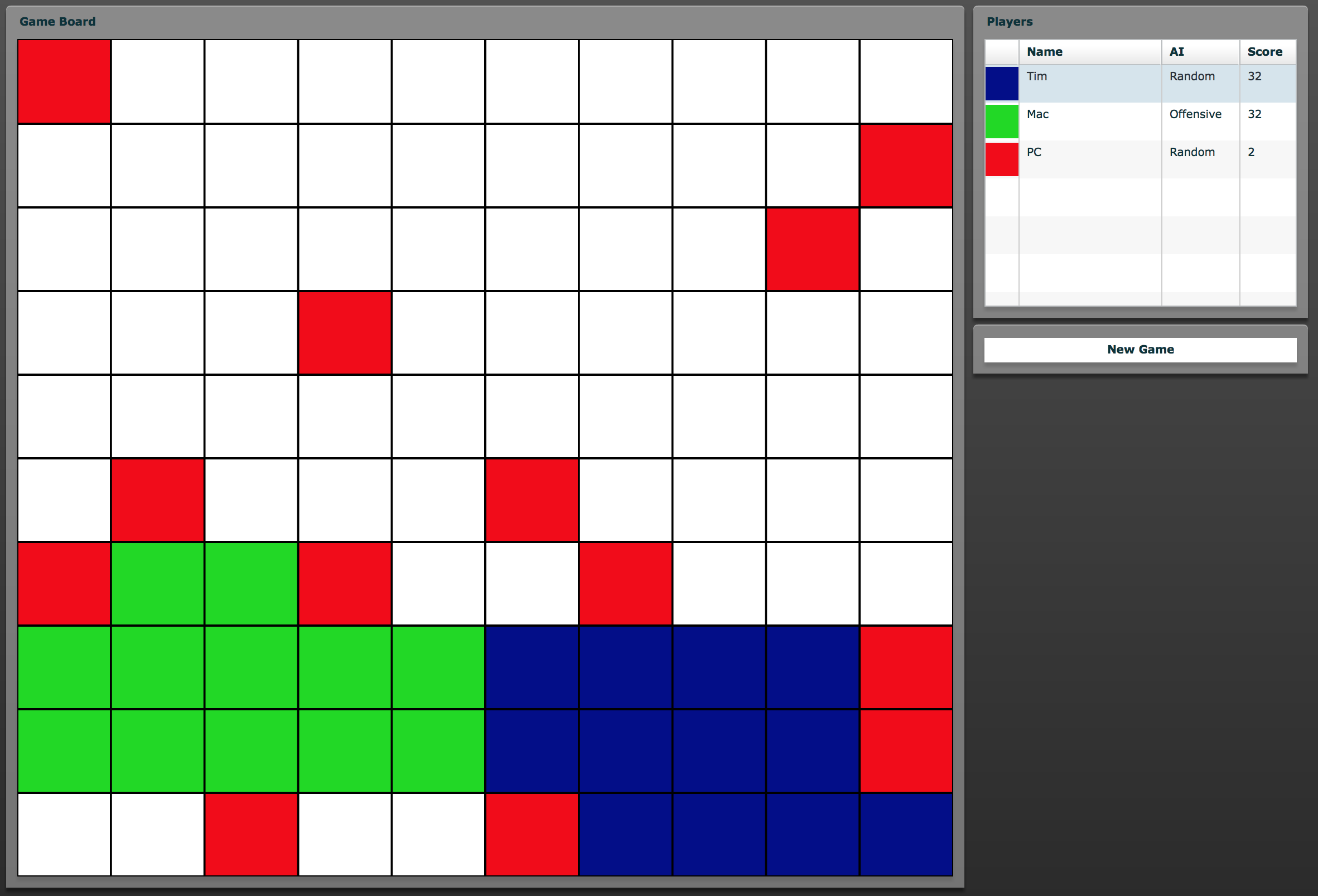 A three-player game in progress, showing the board and live score table