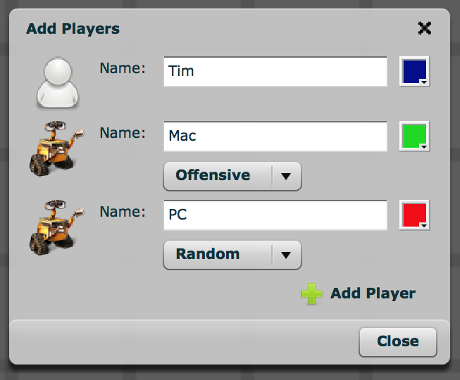 Player setup with human and computer players, including an Offensive and a Random strategy